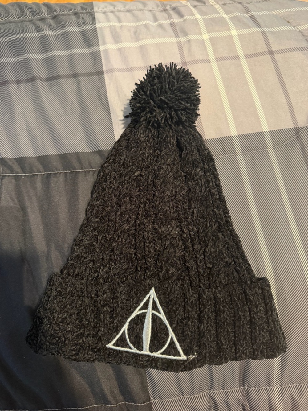 Black Pom Pom Beanie with Deathly Hallows Harry Potter
